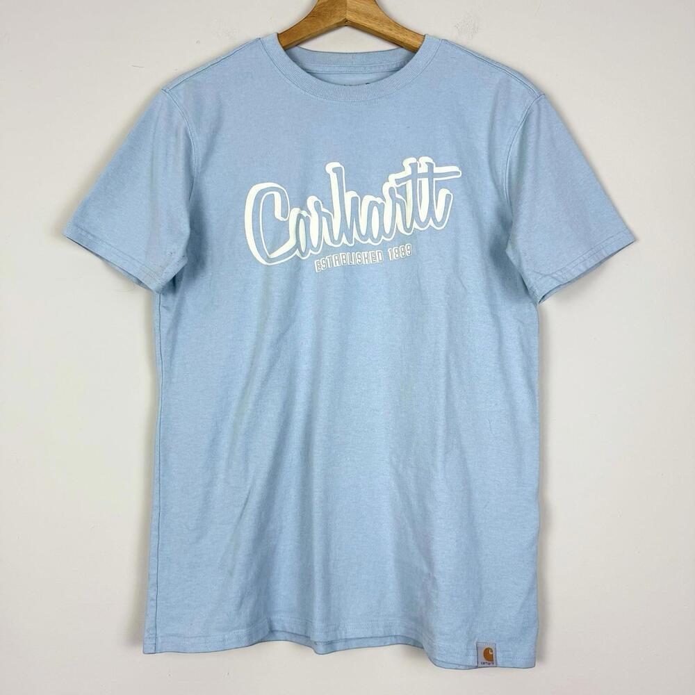 Carhartt Script Logo T-Shirt Sky Blue Loose Fit Wmns Size M Workwear Style Tee